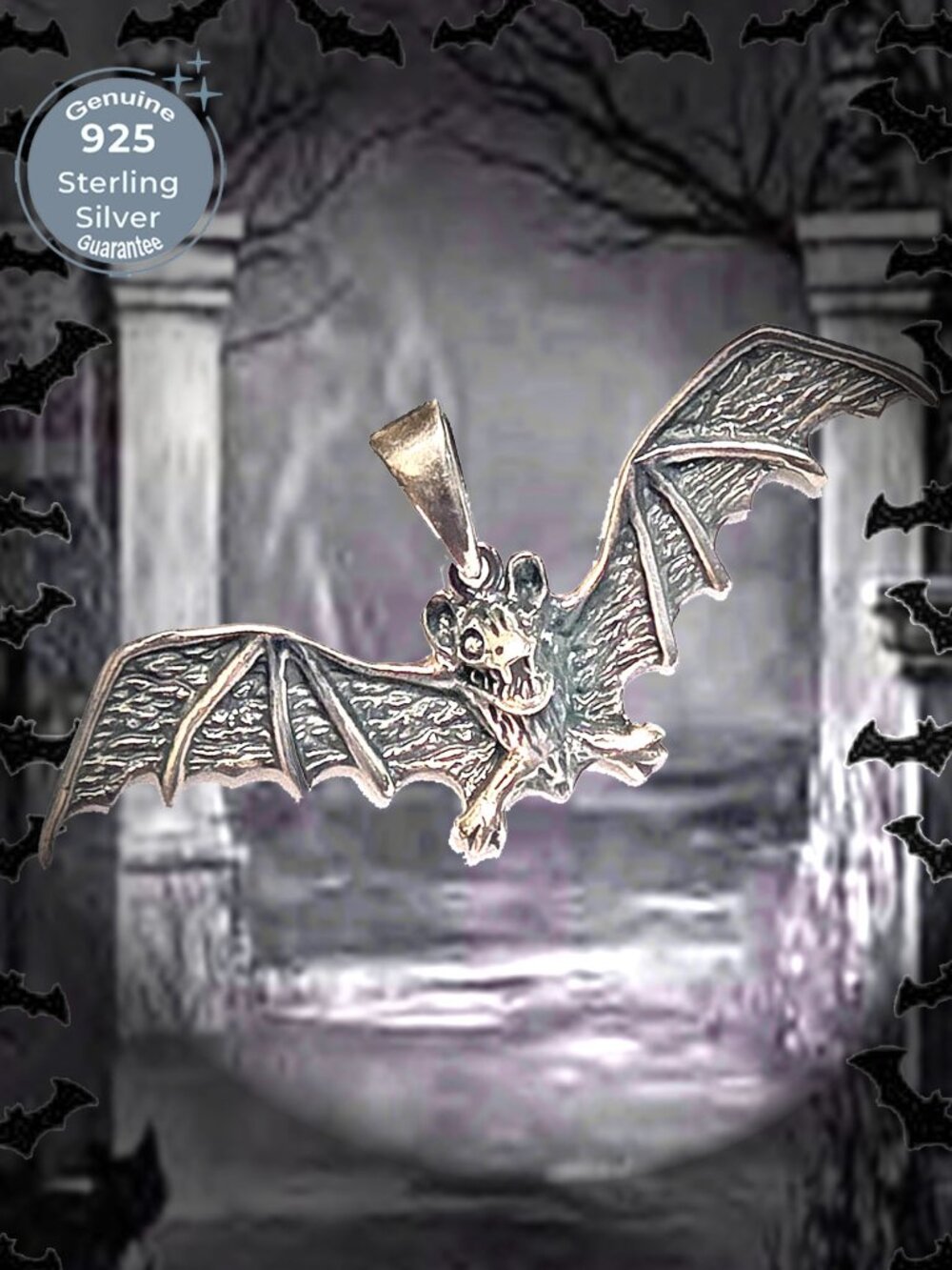 Sterling Silver 925 BAT GOTH HALLOWEEN Amulet Pendant
